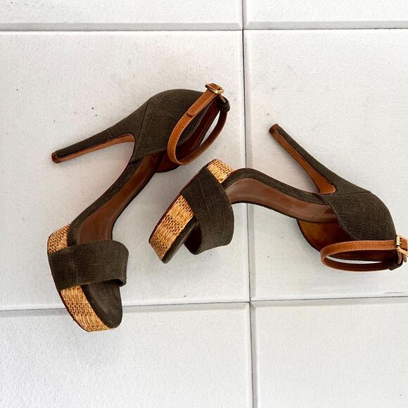 Tory Burch Amina Women Sandal Sz 7.5M Olive Woven Platform High Heel Ankle Strap - Picture 11 of 16